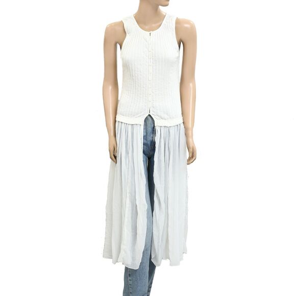 Free People Twice As Nice Maxi Tunic Top Ribbed Buttondown Tank White M 280924 - Picture 8 of 9